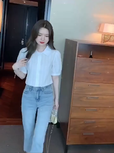 Women Korean French Style Lace Doll Collar Short Sleeve Shirts for Women Bubble Sleeve Summer White Tops