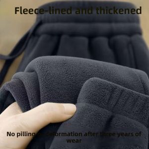 Double-Sided Fleece Lined Mens Casual Pants Warm Thermal Polyester Elastic Waist Long Trousers Harajuku Style Bunching at Ankle