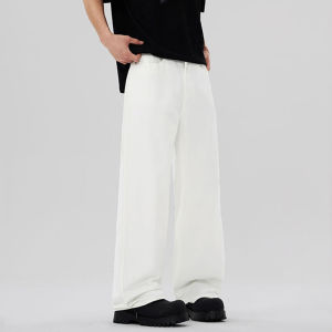 Slimming High Waist Cotton Jeans Mens Pure White Straight Leg Long Pants Casual Wear Drapey Floor-Length Versatile Denim