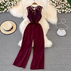 Summer Casual Wide Leg Pants One Piece Womens Fashion High Waist Lace Splicing Draping Slimming Long Trousers Trendy