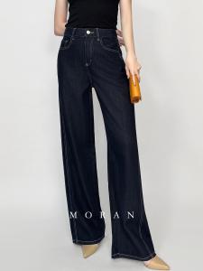 High Waist Wide Leg Denim Jeans Womens Loose Fit Straight Leg Tencel Floor Length Pants Spring Season Deep Blue Casual Style