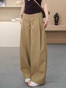 Trendy Side Pleated Wide Leg Pants Loose Womens Khaki Trousers Autumn New Arrival Casual Pants High Waist Elastic Waist