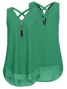 Loose V-Neck Sleeveless Zipper Tank Top Street Style Short Length Polyester Summer Fashion Womens Vest Casual Wear