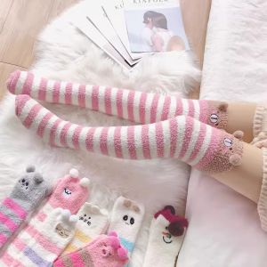 Knee-high Coral Fleece Long Tube Socks with Cartoon Embroidery Panda Stripe Design Fleece-lined Thickened Warm Sleep Socks for Women