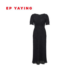 EP YAYING | Mulberry Silk Round Neck Short Sleeve Waist-tight Black Dress