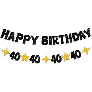 Black Gold Glitter Happy 40th Birthday Banner Set 40th Birthday Bunting with Stars 40th Birthday Party Decorations