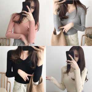NHV Atasan Rajut Wanita Blus Vneck Lengan Panjang
