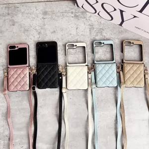 Luxury Crossbody Lanyard Rhombus Pattern PU Leather Phone Case For Samsung Galaxy Z Flip 8 7 FE 6 5 4 5G Hinge Protector Cover