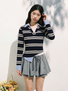YUEZHONGWEI | Color Block Striped Faux-layer Polo Collar Slim Fit Tshirt