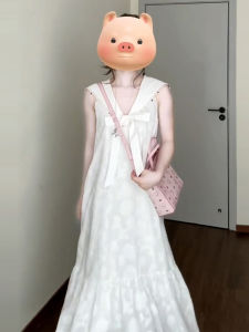 QINWEIYU | Summer New Style Navy Collar White Floral Dress Womens Sleeveless Vest Butterfly Knot Long Skirt Sweet Japanese Style Loose Waist