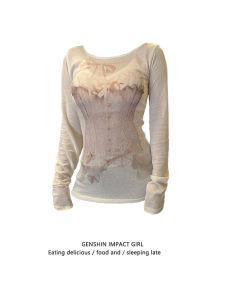 เสื้อยืดแขนยาวสไตล์อเมริกันสำหรับผู้หญิงในฤดูใบไม้ผลิ ทรงสลิมฟิต พิมพ์ลายสร้างสรรค์ แฟชั่นฤดูใบไม้ผลิ เสื้อเชิ้ตทรงสลิมฟิต