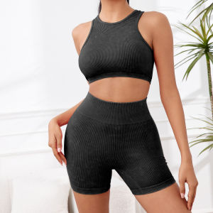 CHRLEISURE Nữ Rửa Sạch Gân Tập Yoga Phù Hợp Với 2 Chiếc Áo Thể Dục Không Tay Với Quần Short Đạp Xe Giảm Béo Mặc Tập Gym Bộ Thể Thao