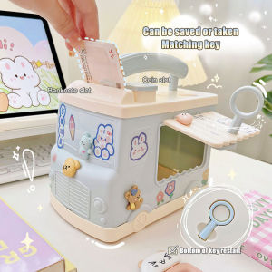 2023 Lovely Bus Cash Box Piggy Bank With 3D Sticker Cartoon Coin Code Key Lock Automatic Cash Coin Saving Box Cute Square Money Boxes with Lock and Key Decoration for Kids Girl Gift