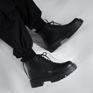 Mens Martin Boots British Style Mid-Calf Genuine Leather Work Boots Winter New Heightening Shoes Korean Version High-Top Boots