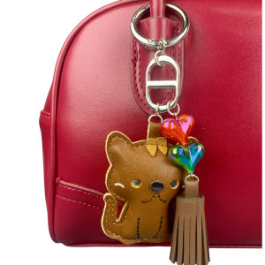 Cute PU Leather Cat Keychain with Heart Bead Tassel Yellow & Brown Charm Key Ring for Bag/Purse Decoration-Gift For Pet Lovers