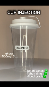 【CUP & TUTUP 100 PCS】Cup Injection FLAT 500ml 17OZ - Connected Lid sambung Gelas Plastik Tebal Datar Bening + Tutup Anti Tumpah