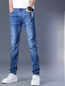 ROMON | Romon Mens Summer Thin Loose Straight Korean Style Casual Ice Silk Elastic Blue Long Jeans Youth Fashion Cotton Polyester Blend