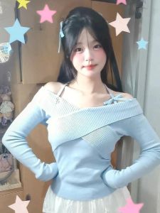 Blue Knitted One Shoulder Hanging Neck Top Womens Slim Fit Inner Wear for Autumn Gentle Style Bone Exposure Upper Apparel