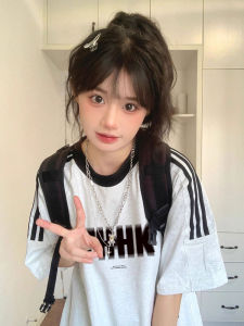 American Three Bars Short Sleeve T-Shirt Women Summer Super Beautiful Couple Loose Cotton Top Trendy Korean Style round Neck