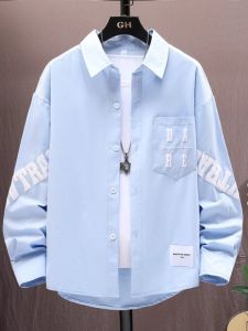 Áo Sơ Mi Cotton Dài Tay Dáng Rộng Cho Nam Mùa Xuân Thu Thường Ngày in Họa Tiết Thời Trang Trẻ Trung Áo Khoác Ngoài Màu Xanh Nhạt