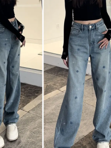 Quần Jeans Denim Ống Thẳng Rộng Cho Nữ Quần Ống Thẳng Rộng Thêu Hoa Quần Jeans Denim Ôm Dáng Thường Ngày Mùa Xuân Thu