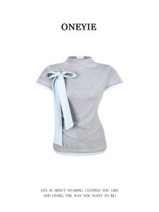 French Blue Contrast Color Block Slim Fit Short Sleeve Half High Collar Butterfly Knot Fake Two-Piece Top for Women Handpicked Store