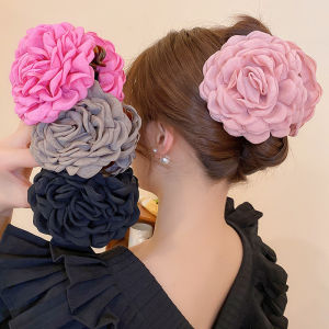Width 3.55Inch Retro Fabric Rose Flower Hair Clip Back Head Half-tied Hairpin Medium Flower Hair Claw Womens Hair Accessories