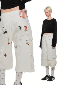 1JINN STUDIO | Cat & Dog Print Washed Straight Low-Rise Jean Capri