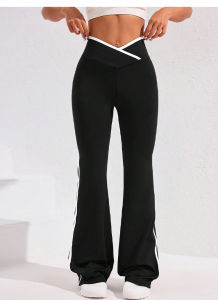 Lightweight High Waist Flared Yoga Leggings Women Crossover Waist Design with White Side Stripes Soft Comfortable for Workout