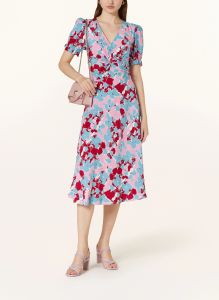 Spring 2024 Womens V-neck Bubble Sleeve Knot Short Skirt Floral Print Midi Dress High Waist A-line Commuter Style Polyester Fiber