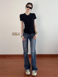 Retro Waterway Blue Skinny Low Waist Straight Leg Jeans Womens Autumn New Style Slimming Small Size Floor-Length Pants
