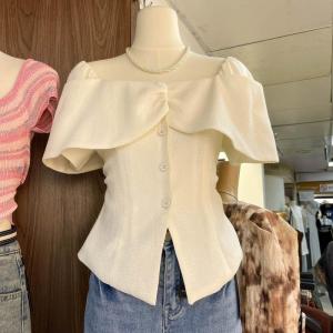 French Style Shoulder Bared Shirt Women Summer 2025 New Design Sensation Waist Cinched Small Size Top Trendy Casual Loose Bubble Sleeve