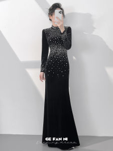 Luxury Designer Black Velvet Fish-tail Long-sleeve Evening Dress