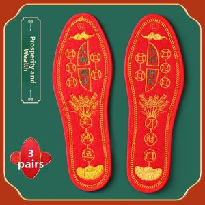 LINGMIAO | Red Lucky Year Shoe Insoles Handmade Cross-stitch Cotton