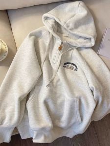 plus Size Retro Hoodie Womens Fleece Lined Zipper Front Embroidered Sweatshirt Loose Fit Autumn Winter Outerwear