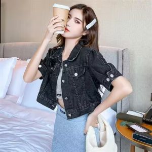 Summer 2023 Womens Versatile Short Denim Jacket Student Sweet Spicy Girl Outerwear Short Sleeve Top POLO Collar Single Button