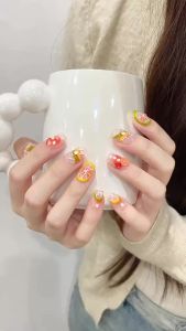 10 Pcs Luxury Handmade Press on Nails Middle Ballet Lemon Blush Design False Nails with 4-Piece Tool Adhesive Nail Glue Tabs