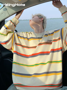 เสื้อยืดคู่รักแขนยาวปักลายทางผ้าขนแกะหลวมๆ สำหรับผู้ชาย เสื้อผ้าทำงานลำลองฤดูใบไม้ร่วง สไตล์ฮิปฮอป เสื้อผ้าผู้ชาย