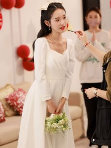 Elegant White Long Sleeve Dress for Women A-Line Midi Dress Suitable for Wedding Engagement Party Daily Wear And Date