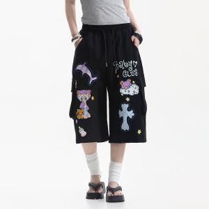 zuocisankon | Quần Short Jeans Đùi Rộng Thẳng American Vintage Thêu Hình Cartoon