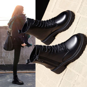 Black Fleece Lined Motorcycle Martin Boots for Women Thick Heel Short Booties Spring Autumn Single Boot Korean Style Cross Buckle Waterproof Platform