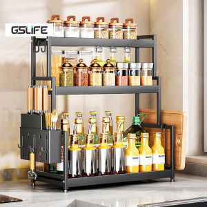 GSlife🔥🔥2/3 Tiers Kitchen Spice Rack Carbon steel Condiment Rack Seasoner Rack Kitchen Knife Rack Organizers