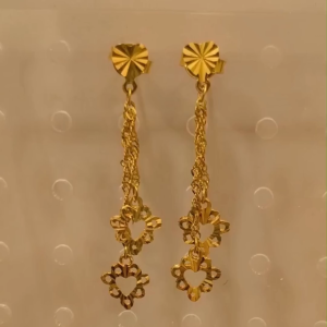 916 Gold Dangle Earrings with Flower Charms | Emas 916 Subang Gantung Bunga | Gold Drop Earrings-2.12g