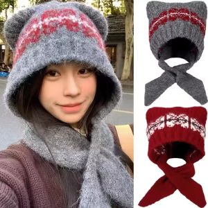 Dễ Thương Gấu Khăn choàng dệt kim Hat Cho Phụ Nữ bảo vệ tai mũ ấm mùa đông Balaclava Mũ Nhiệt Len Khăn Quàng Cổ có mũ cho bé gái Beanies
