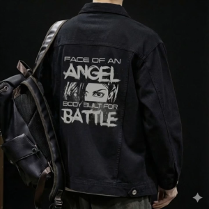 Áo khoác Jeans bò màu Đen In chữ trắng Anime vải Denim dày mềm mại chống tia UV AJ012