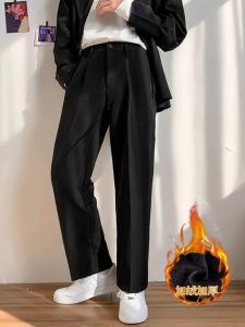 Autumn Winter Mens Casual Pants Drapey Fleece Lined Thick Straight Leg Suit Trousers Luxury Feel Straight Cut Long Trousers