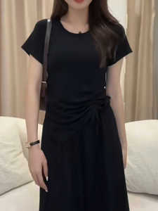 Pure Cotton Short Sleeve T-Shirt Women Summer plus Size Slimming Waist Hidden Belly Asymmetrical Hem Commute Korean Style