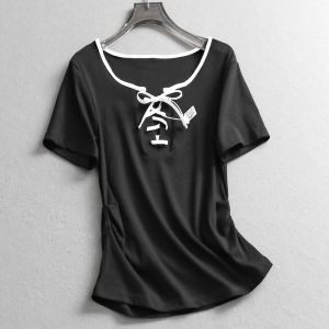 Slim Fit round Neck Short Sleeve T-Shirt Womens Commute Versatile Butterfly Knot Belt Summer New Style Casual Cotton Tee