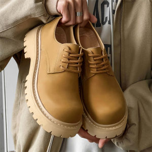 Brown Large Head Mens Leather Shoes Casual Sporty Versatile Thick Bottom Heightening Derby Shoes Comfortable Soft Bottom