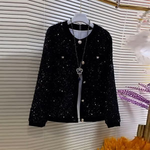 XL plus Size Womens Clothes Black Slim Looking Long Sleeve Cardigan Top Fat Sister Casual Bai Yuan Collar Full Body Sequin Outwear